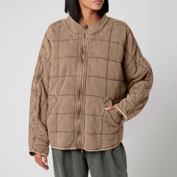 2025 Charella Women's Zip up Warm Quilted Quilted Jacketss Winter Stand Collar Outwear Coat with Pockets Khaki,S