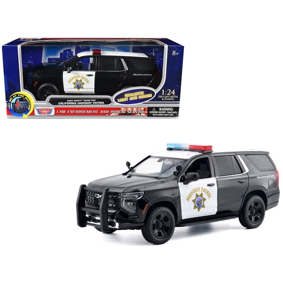 2025 Chevrolet Tahoe PPV "CHP (California Highway Patrol)" Black and White with Flashing Light Bar and Front and Rear Lights and Sounds 1/24 Diecast Model Car by Motormax