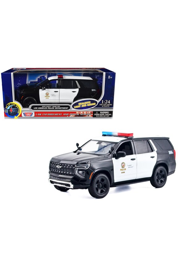 2025 Chevrolet Tahoe PPV "LAPD" Black and White with Light Bar and Lights and Sounds 1/24 Diecast Model Car by Motormax