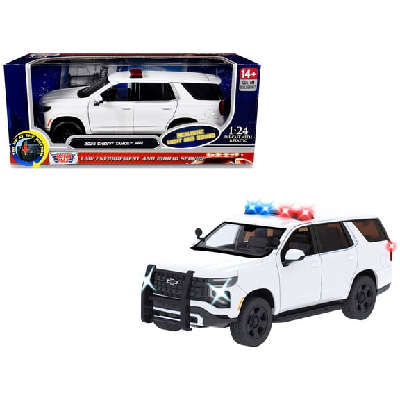 2025 Chevrolet Tahoe PPV White "Builder's Kit" with Flashing Light Bar and Front and Rear Lights and Sounds 1/24 Diecast Model Car by Motormax