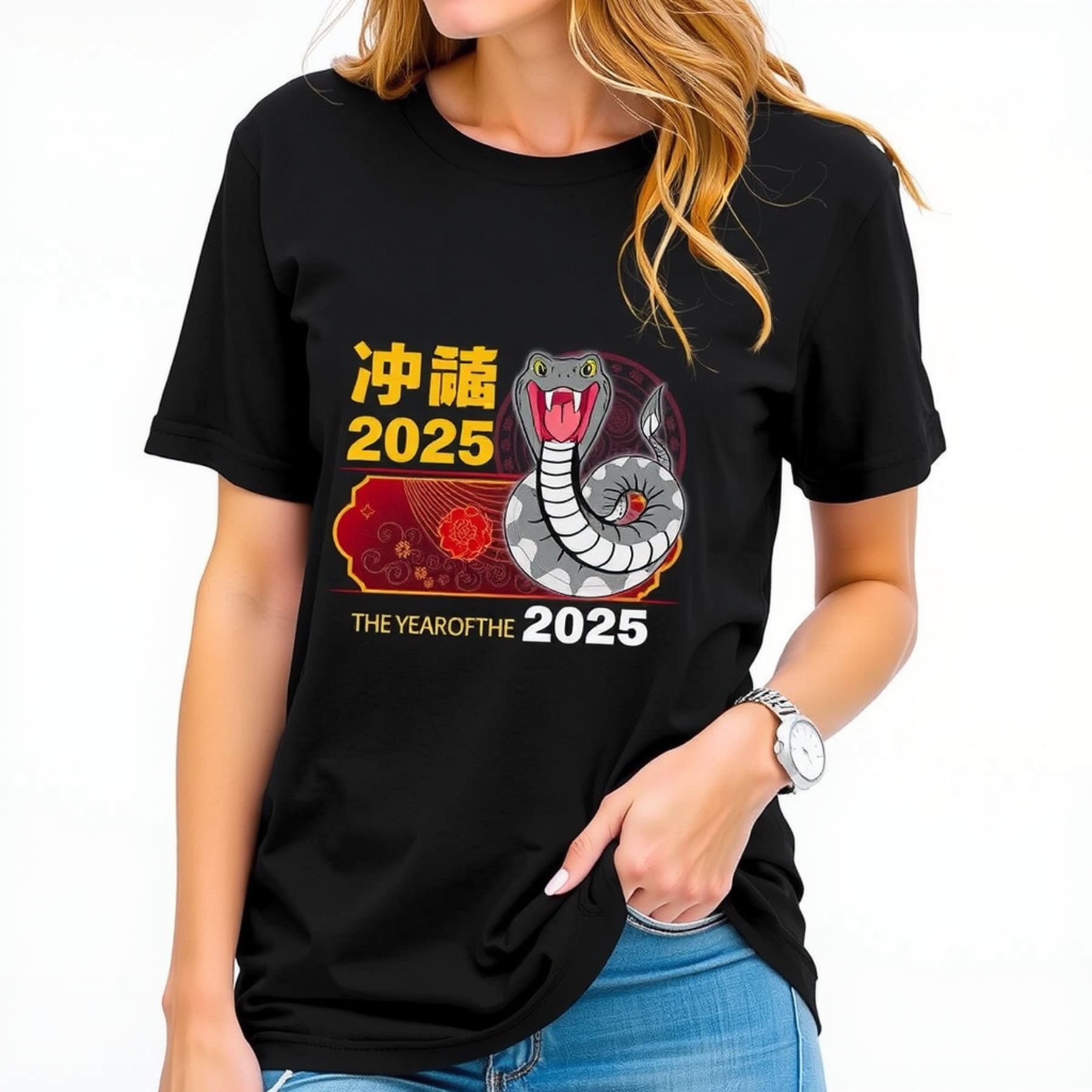 2025 Chinese New Year of the Snake Black TShirt Stylish Graphic Tee