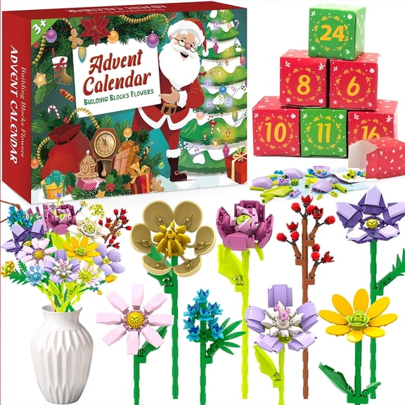 2025 Christmas 24-Day Countdown Simulation Flower Blind Box Set | Preserved Flower DIY Building Block Toy Model | Xmas Advent Calendar Gift