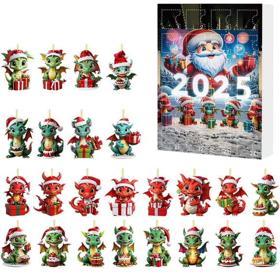 2025 Christmas Advent Calendar 2D Flat Dragon with Santa Hats Ornaments, 24 Days Countdown Calendar Pendants Gifts for Christmas Tree New Year Vacation Party Home Decor