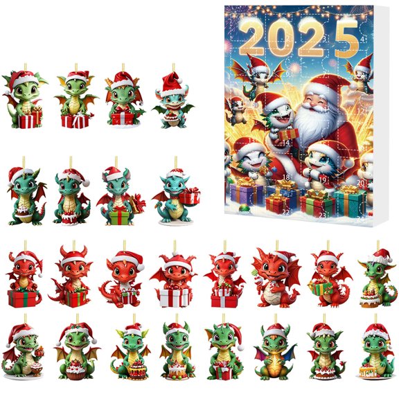 2025 Christmas Advent Calendar 2D Flat Dragon with Santa Hats Ornaments, 24 Days Countdown Calendar Pendants Gifts for Christmas Tree New Year Vacation Party Home Decor