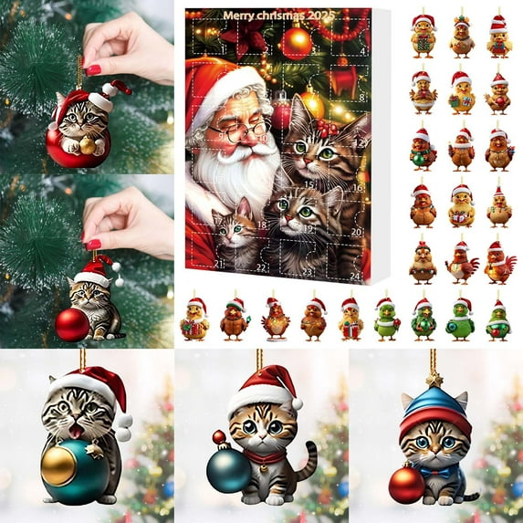 2025 Christmas Advent Calendar Cat with Santa Hats - 24 Days of Christmas Advent Calendar -Cute Cat Key Pendant- Holiday Decor Ornaments Christmas Gift(Cat-D)