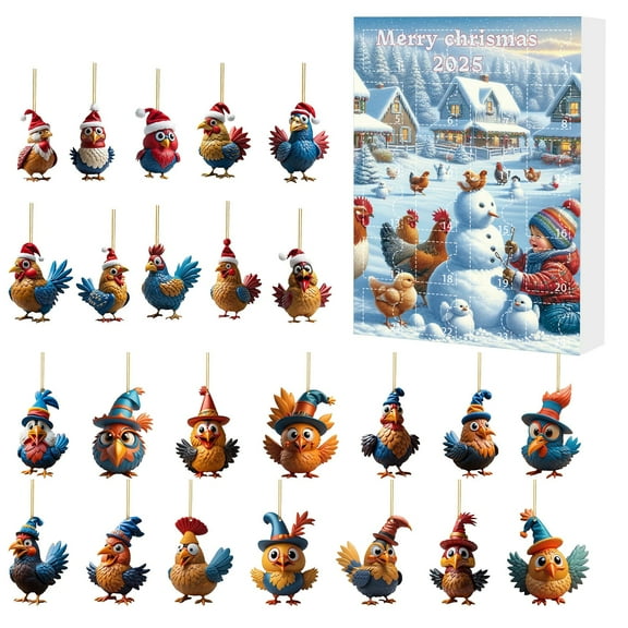 2025 Christmas Advent Calendar Chicken with Santa Hats, 24 Days Countdown Calendar with 2D Hanging Ornaments, Funny Chicken Tree Decor for Kids Toddlers Xmas Gifts