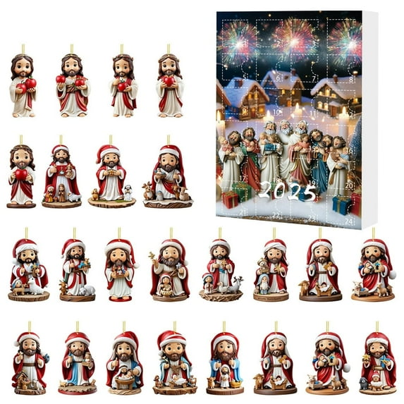 2025 Christmas Advent Calendar Countdown - 24 Days Acrylic Ornaments Set with Santa & Jesus Figurines,Religious Holiday Decorations for Home,Christmas Countdown Calendar Gift