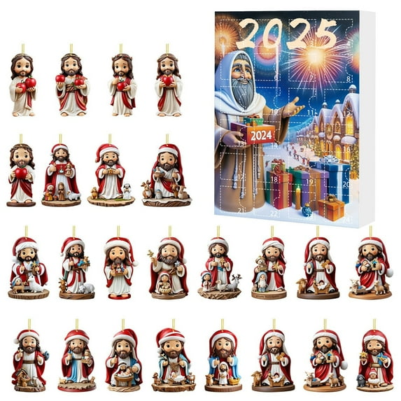 2025 Christmas Advent Calendar Countdown - 24 Days Acrylic Ornaments Set with Santa & Jesus Figurines,Religious Holiday Decorations for Home,Christmas Countdown Calendar Gift