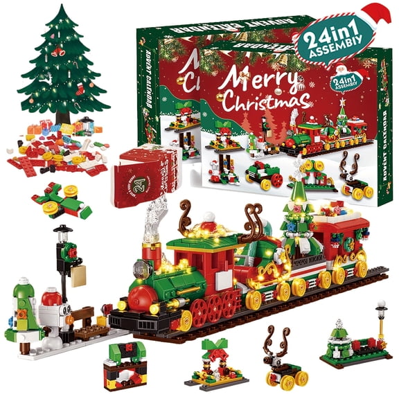 2025 Christmas Advent Calendar Train Brick Set, 24 Days of Surprise Christmas Countdown Calendar Gift Box with Christmas Train with LED Lights. Ideal Christmas gift for adults, boys, girls.