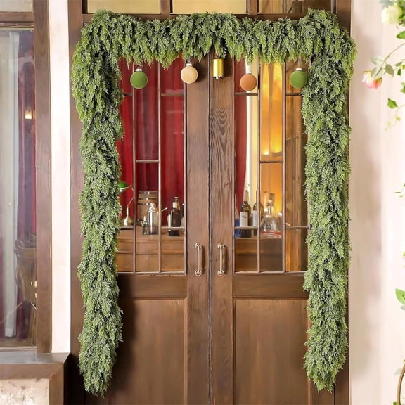 2025 Christmas Artificial Cypress Leaf Vine Wreath, Realistic Cedar Garland, Dense Pines Norfolk Garland Ornaments for Holiday Mantle Fireplace Table Home Decor