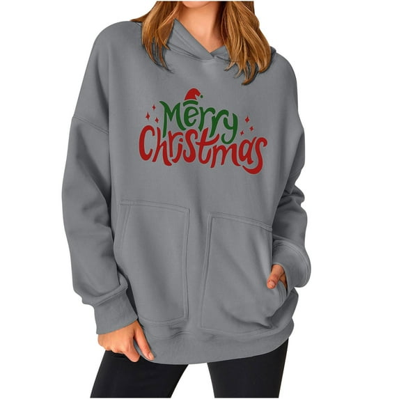 2025 Christmas Baggy Hoodies Ladies Letter Print Graphic Sweatshirt with 2 Pockets Casual Pullover Tops Loose (M, Gray 02)