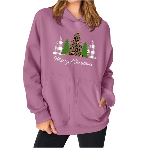 2025 Christmas Baggy Hoodies Ladies Letter Print Graphic Sweatshirt with 2 Pockets Casual Pullover Tops Loose (M, Pink 01)