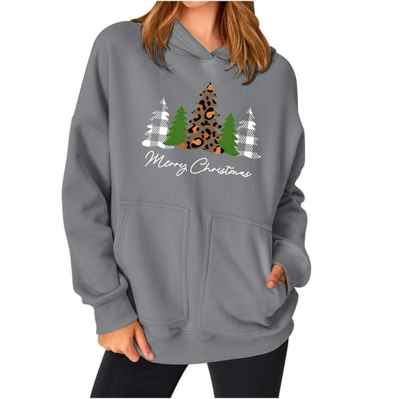 2025 Christmas Baggy Hoodies Ladies Letter Print Graphic Sweatshirt with 2 Pockets Casual Pullover Tops Loose (S, Gray 01)