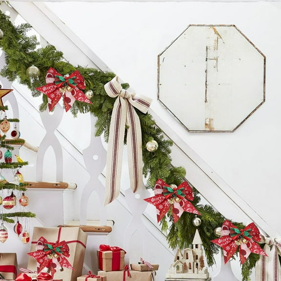2025 Christmas Bows Red Christmas Bows Outdoor Decoration 3.5×3.3in Linen Wreath Ribbon Bows with Bell for Christmas Tree Hanging Crafts Gift Bows Pendant for Xmas Home Decoration