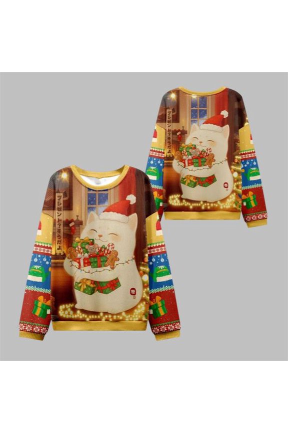 2025 Christmas Cat Holding Gift 3D Sweater