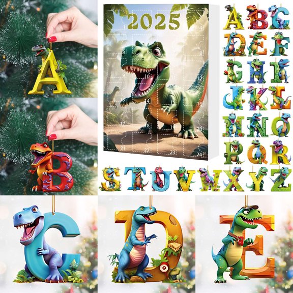 2025 Christmas Countdown Calendar Acrylic Dinosaur Letter Pendant Ornaments 24-Day Advent Calendar for Tree, Home, Classroom, and Gift Dcor
