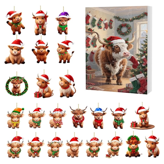 2025 Christmas Cow Advent Calendar - 24 Days Countdown with Daily Cute Cow Pendants, Safe Acrylic Hanging Ornaments for Christmas Tree Decor, Parent-Child Interaction Ideal Holiday Gift for Families