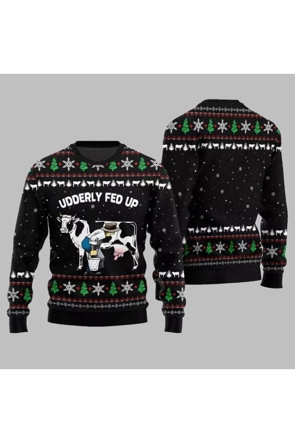 2025 Christmas Cow Udderly Fed Up 3D Christmas Sweater