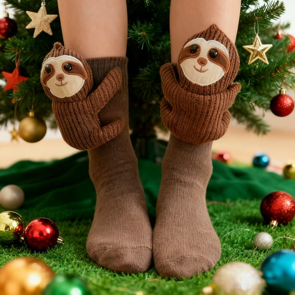 2025 Christmas Cute 3D Sloth Socks - Women’s Animal Knit Plush Hug Crew Socks, Warm Hand Crochet Floor Socks, Cozy Novelty Socks Perfect for Winter Holidays & Present Giving