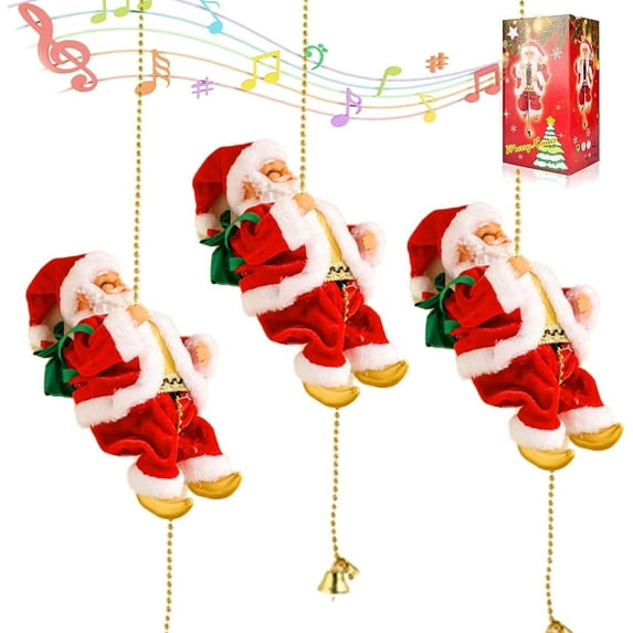 2025 Christmas Decorations - Upgraded Climbing Santa with Music - Animated Electric Santa Claus on Rope - Musical Christmas Tree Ornament - Battery Operated Holiday Decoration Gift (3PCS)