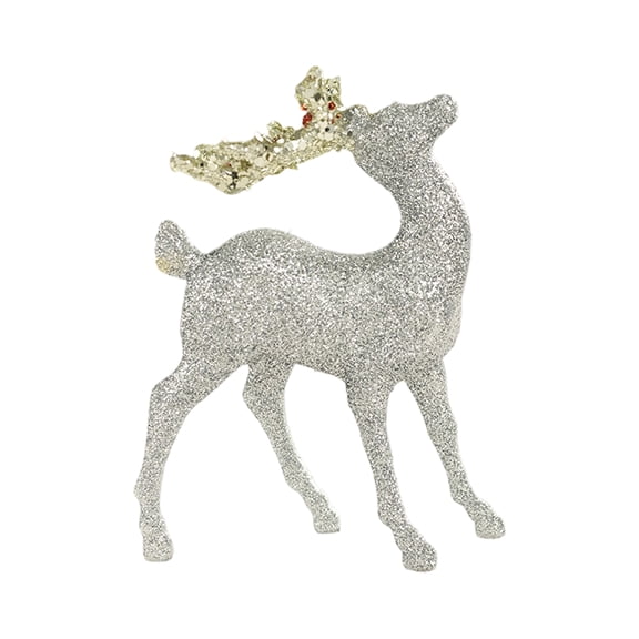 2025 Christmas Deer Decorations, Glitter Flocked Deer Figurines (Set of 2) - Sparkling Holiday Photo Props, Xmas Tree Decor, Indoor Home Decor, Gift Silver