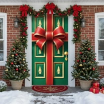 Taicans 2025 Christmas Door Cover - 35.43in×70.87in Red & Green Ribbon Bow Snowflake Holiday Decor - Perfect for Home/office/Party