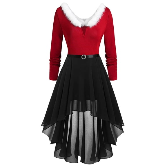 2025 Christmas Dress Womens Long Sleeve Vintage Mrs Claus Xmas Costumes A-Line Swing Party Holiday Cocktail Dresses