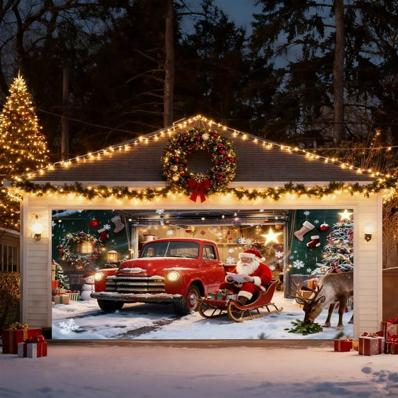 2025 Christmas Garage Door Cover Truck Holiday Banner Large Outdoor Festive Home Decoration for Seasonal Celebration