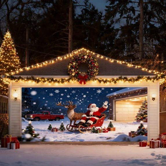 2025 Christmas Garage Door Cover Truck Holiday Banner Large Outdoor Festive Home Decoration for Seasonal Celebrations