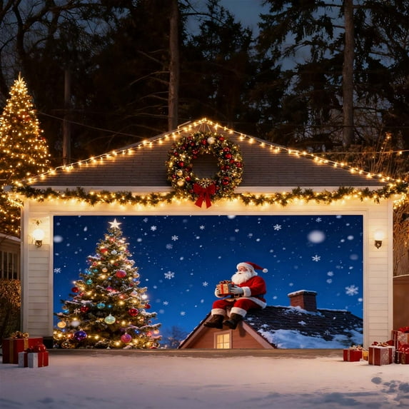 2025 Christmas Garage Door Cover Truck Holiday Banner Large Outdoor Festive Home Decoration for Seasonal Celebration