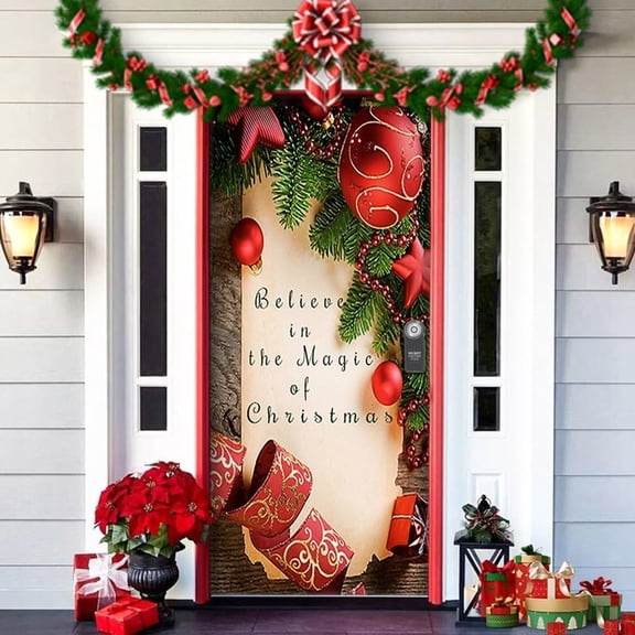 2025 Christmas and Halloween Front Door Decoration,35x79 Inch Halloween Fitted Elastic Fabric Stretchable Stretch Door Cover,Scary House Wall Garage Haunted Covers Hanging Decor