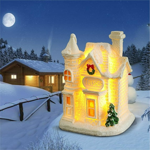 2025 Christmas Mini Snow House LED Lighted Village Cottage with Tiny Figurines - Resin Winter Scene Desktop Decoration for Xmas Tree Tabletop Holiday Decor White Glowing Collectible Buildings