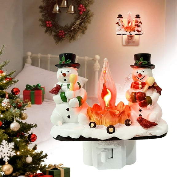 2026 Christmas 3D Night Light, Snowman Campfire Flickering Nightlight, 120V Plug-in Holiday Decor Lamp for Home Bedroom, Festive Ambience Lighting Gifts for Family