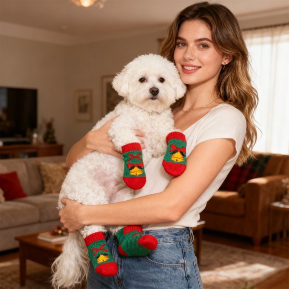 2025 Christmas Pet Socks for Dogs & Cats - Festive Holiday Paw Covers, Teddy, Small Breeds - Non-Slip, Warm Xmas Stocking Stuffer Gift, Black L Yellow