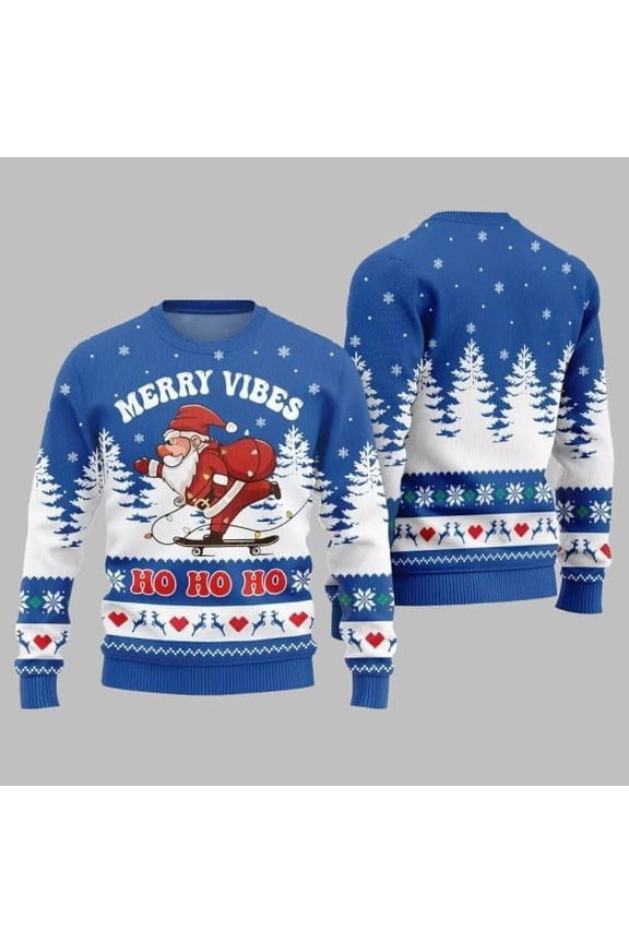 2025 Christmas Santa Merry Vibes Ho Ho Ho Ugly Christmas Sweater 003
