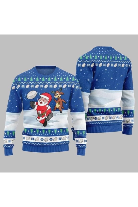 2025 Christmas Santa Playing Rugby Ugly Christmas Sweater 002