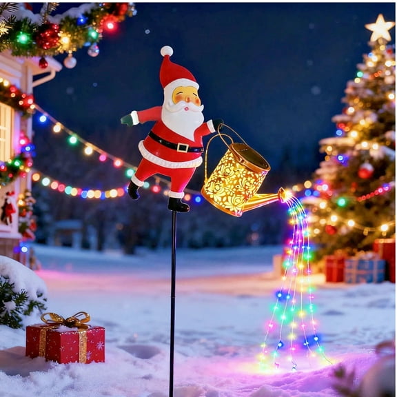 2025 Christmas Santa Solar Watering Can Rainbow Lights Outdoor, Waterproof Metal Garden Decor with LED Light - Hanging Solar Kettle Light Patio Lawn Pathway Decoration Gift for Backyard, Lawn, Patio