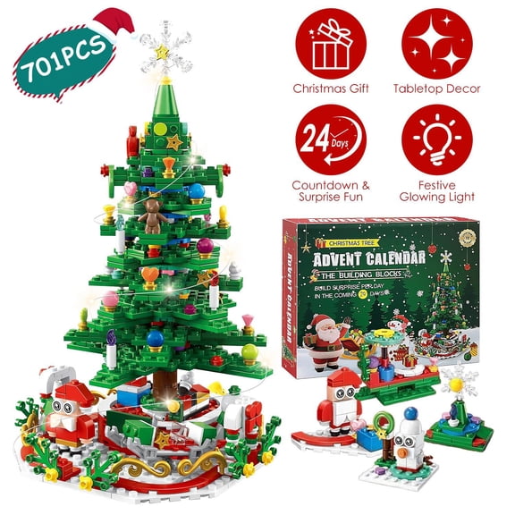 2025 Christmas Tree Building Set With LED Light Tabletop Christmas Building Block 24 Days Christmas Countdown Calendar for Boys Girls 3-6