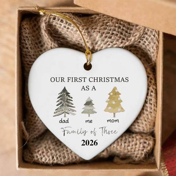 2025 Christmas Tree Heart Shaped Ornament Decor-Our First Christmas As A Family of Three-Ceramic Ornament Heart Present for New Parents,Baby,Newborn,Kid-First Time Mom Dad-Baby Present Shower