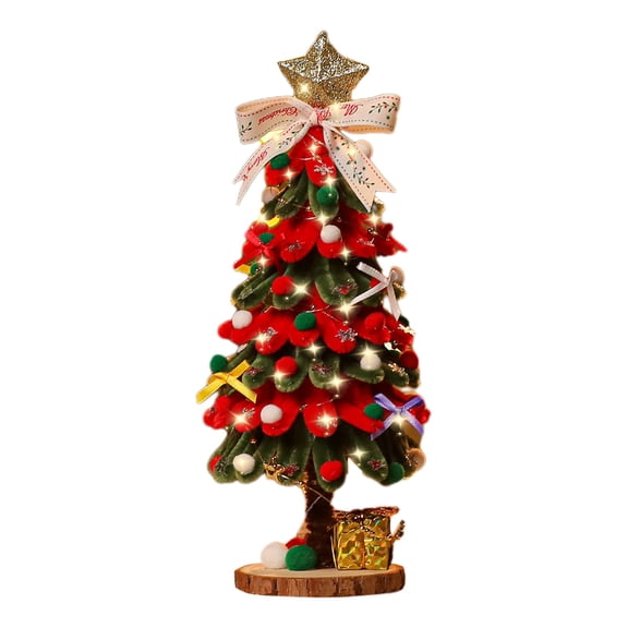 2025 Christmas Tree Light-Up Twisted Stick Decoration - Red & Green Fluff Decorated Mini Tree with Lights for Holiday Gifts, Home Decor
