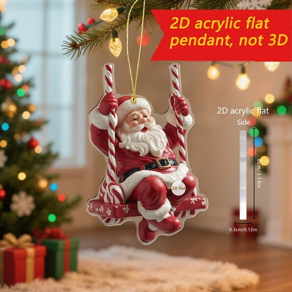 2025 Christmas Tree Ornaments - Santa Claus on Candy Cane Swing,Acrylic Holiday Decor,2D Hanging Ornament for Xmas Tree,Festive Christmas Decoration,Festive Holiday Tree Topper