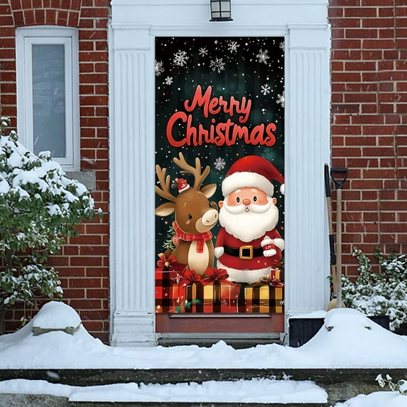 2025 Christmas and Halloween Front Door Decoration, Holiday Door Cover, Christmas Background, for Indoor Outdoor Festive Party, 70''x35''