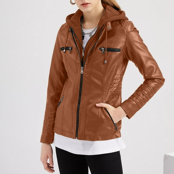 GaThRRgYP Womens Coats Outerwear Plus Size,Women's Solid Color Long Sleeved Leather Jacket Zippered Jacket Pocket Women's Spring Short Jacket