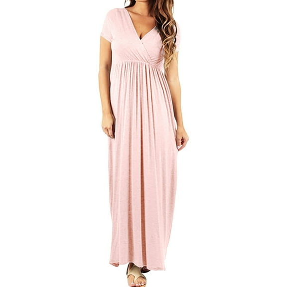 2026 ! 50% Off Clear! asdoklhq Maternity Clothes for Women,Woman Solid V-Neck Short Sleeve Elasticity Pregnant Maternity Nursing Long Dress