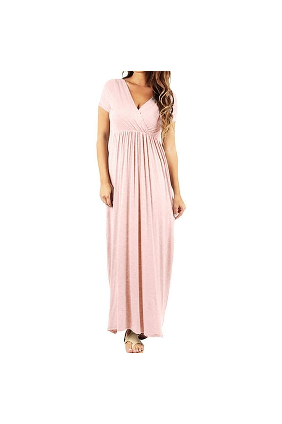 2026 ! 50% Off Clear! asdoklhq Maternity Clothes for Women,Woman Solid V-Neck Short Sleeve Elasticity Pregnant Maternity Nursing Long Dress