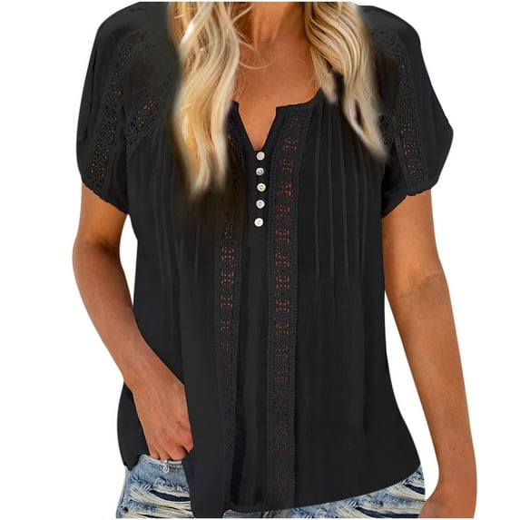 2025 Clearance! 50% Off Clear! asdoklhq Womens Plus Size Tops Clearance,Women Solid V-Neck Lace Crochet Eyelet Short Sleeve Casual Shirts Blouses Tops