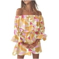 thumbnail image 1 of 2025 Clearance! 50% Off Clear! asdoklhq Juniors Plus Dresses & Rompers, Women's Summer Casual Off Shoulder Printing Bell Sleeve Dresses, 1 of 5