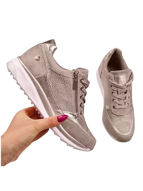 2025 Clearance! 50% Off Clear! asdoklhq Sneakers for Women,Fashion Women Casual Pumps Thick Bottom Hot Drilling Zipper Lacing Sports Shoes