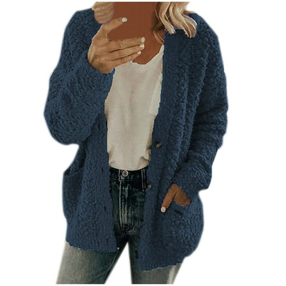 2025 Clearance! 50% Off Clear! asdoklhq Womens Clearance Coats Plus SizeWomen Casual Plus Size Plush Sweater Pockets Outerwear Buttons Cardigan Coat
