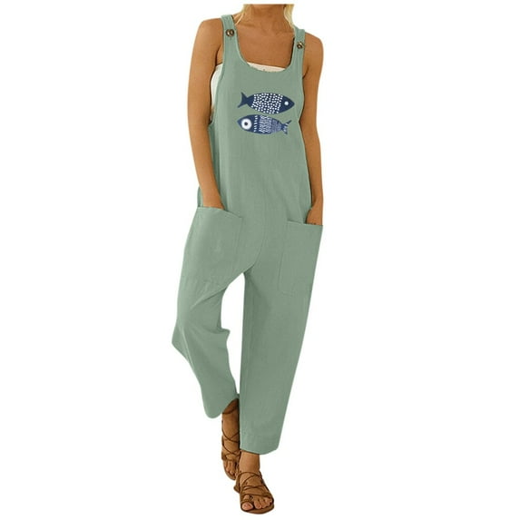 2025 Clearance! 50% Off Clear! asdoklhq Womens Maxi Dress Under $10,Women Casual Boho Fish Print Pocket Romper Long Playsuit Strap Button Jumpsuit